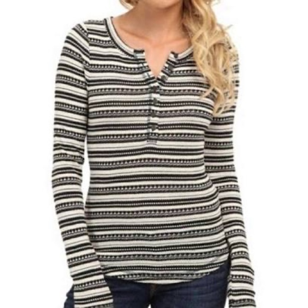 Lucky Brand Chloe Henley Womens Geometric Striped Thermal T Shirt Small Cotton